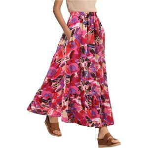 Women's Flowy Boho A-Line Pleated Maxi Skirt Pink